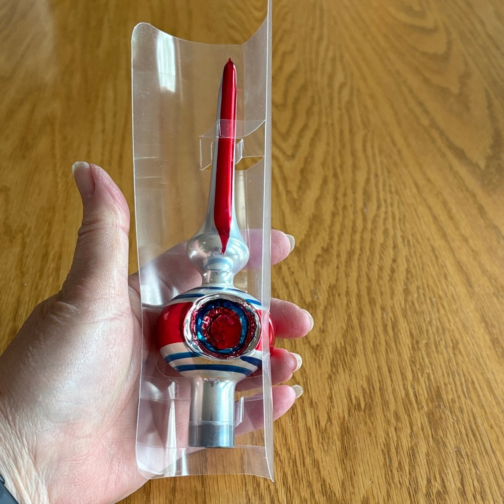 Vintage Christmas tree Red and Silver Glass Tree Topper Ornament -New In Box